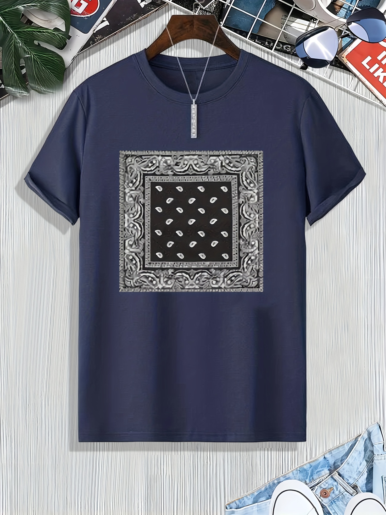  Bandana Print T-shirt Short Sleeve Tee Shirt Blue