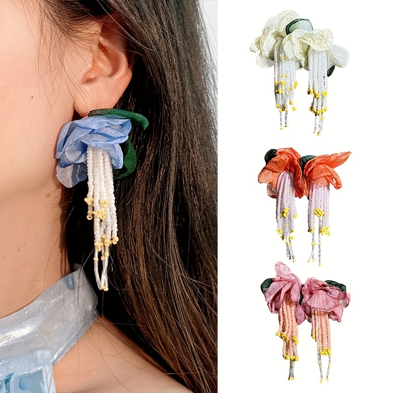 

Exaggerated Fabric Flower Rice Beads Tassel Design Dangle Earrings Bohemian Elegant Style Stage Vacation Accessories