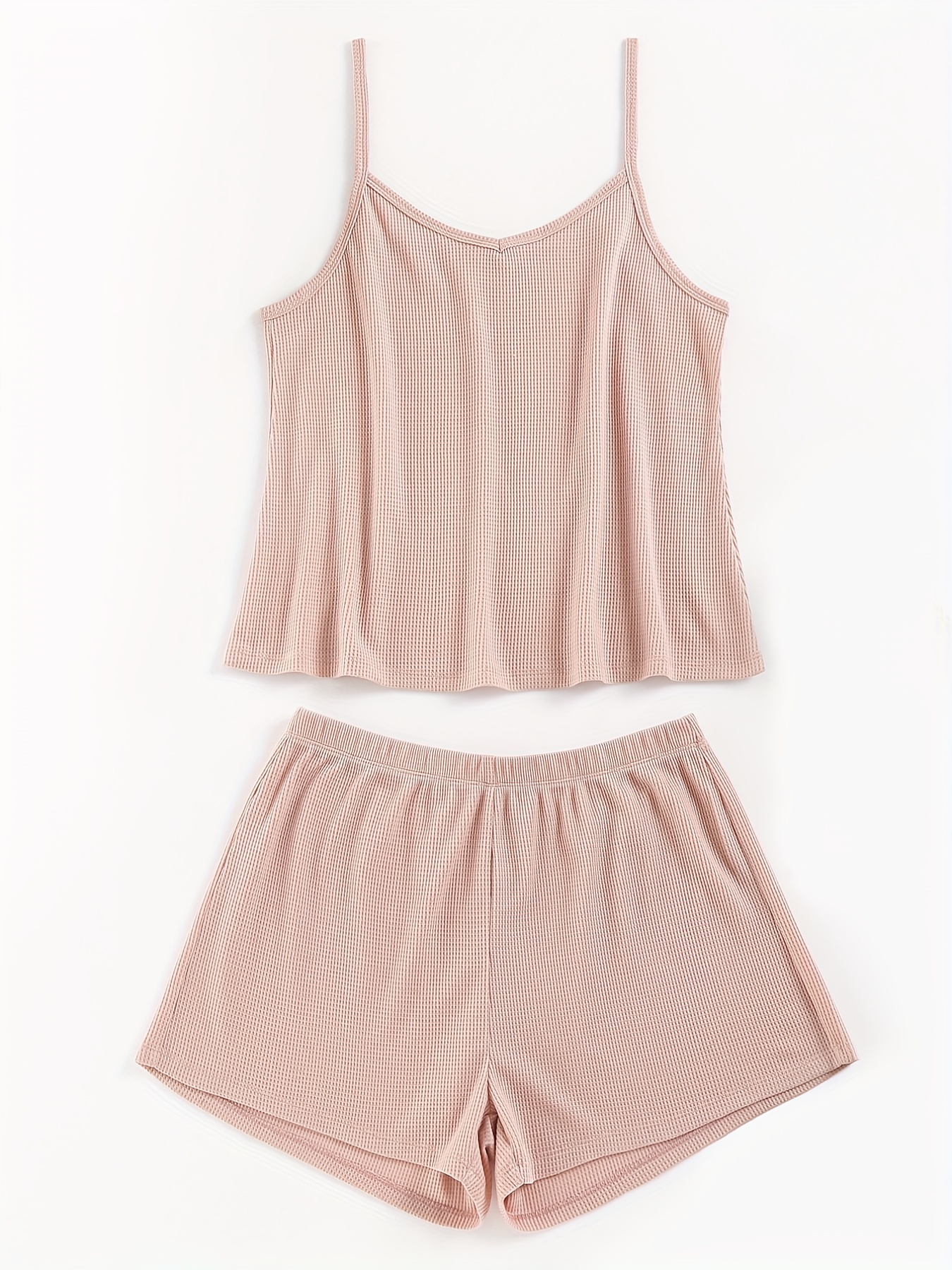 Solid V Neck Waffle Camisole & Shorts Pajama Set