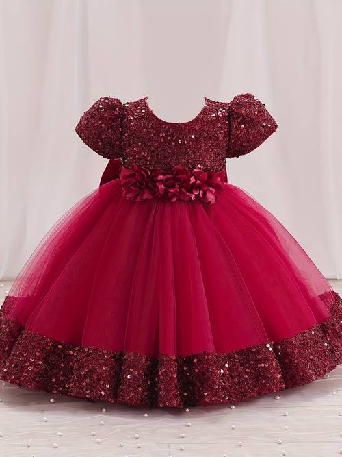 sequined childrens gown with puffy tulle princess dress for baby birthday party