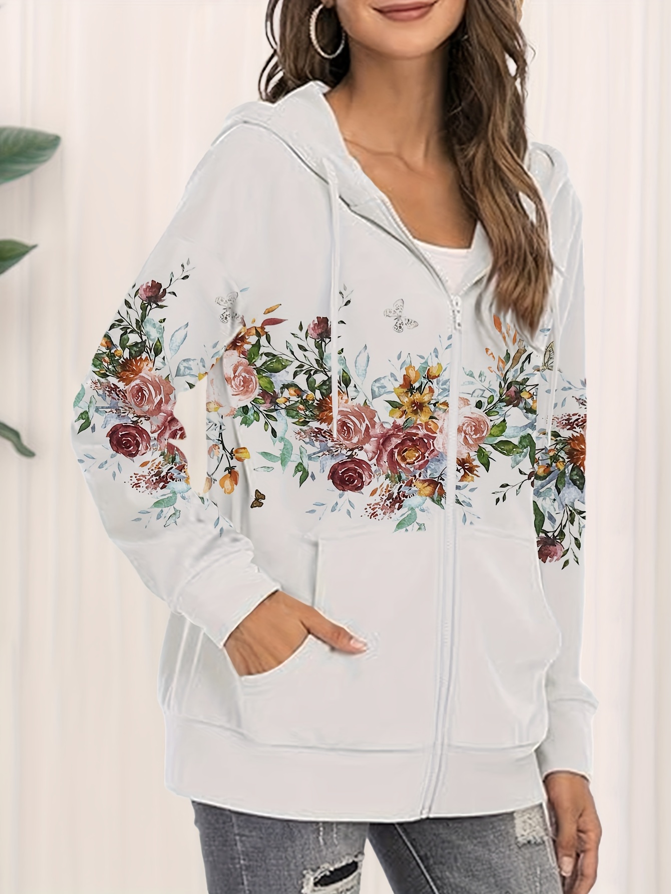 Floral embroidered long hot sale sleeve casual hoodie