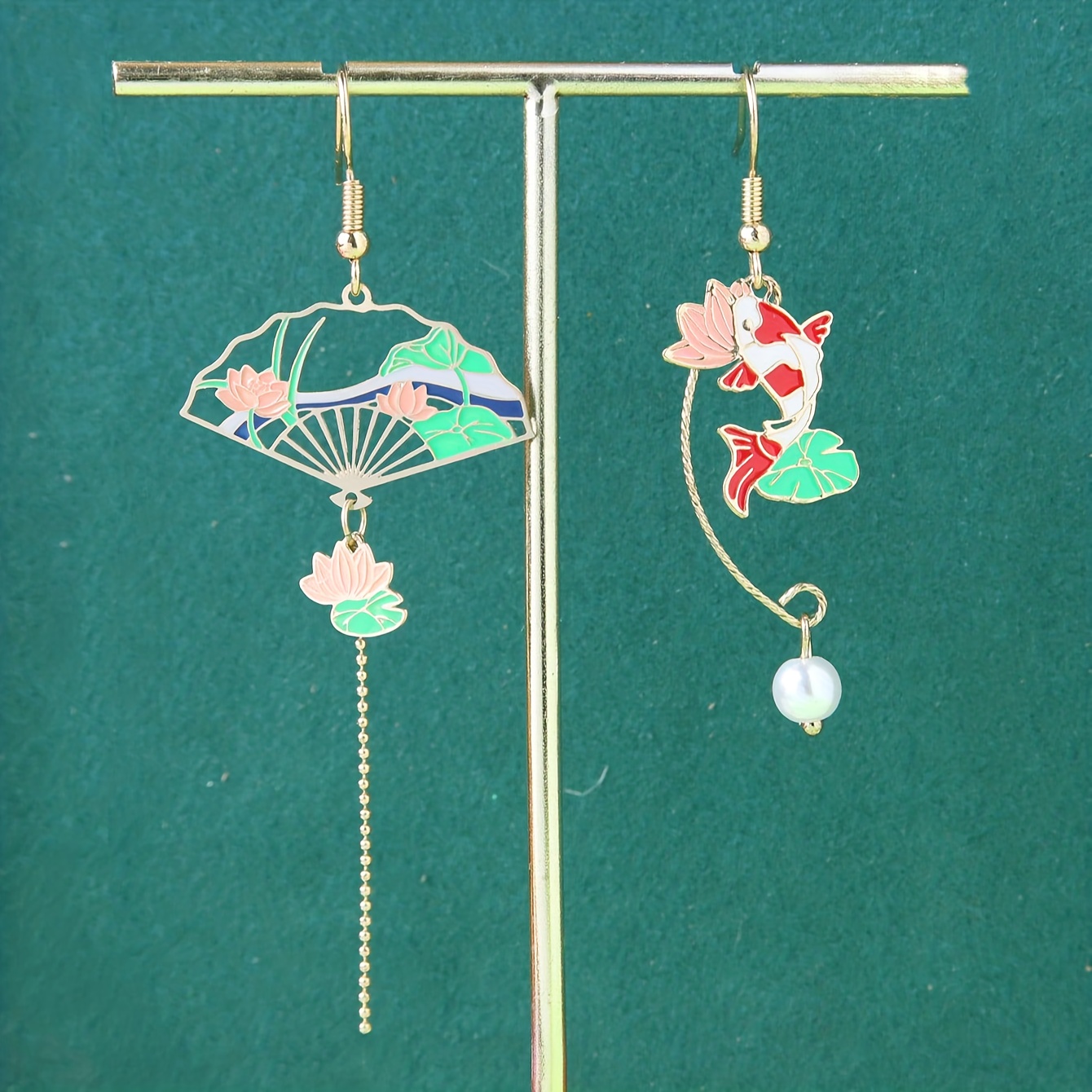 1pair Fashion Vintage Drop Earrings Japanese Fan Enamel Flower