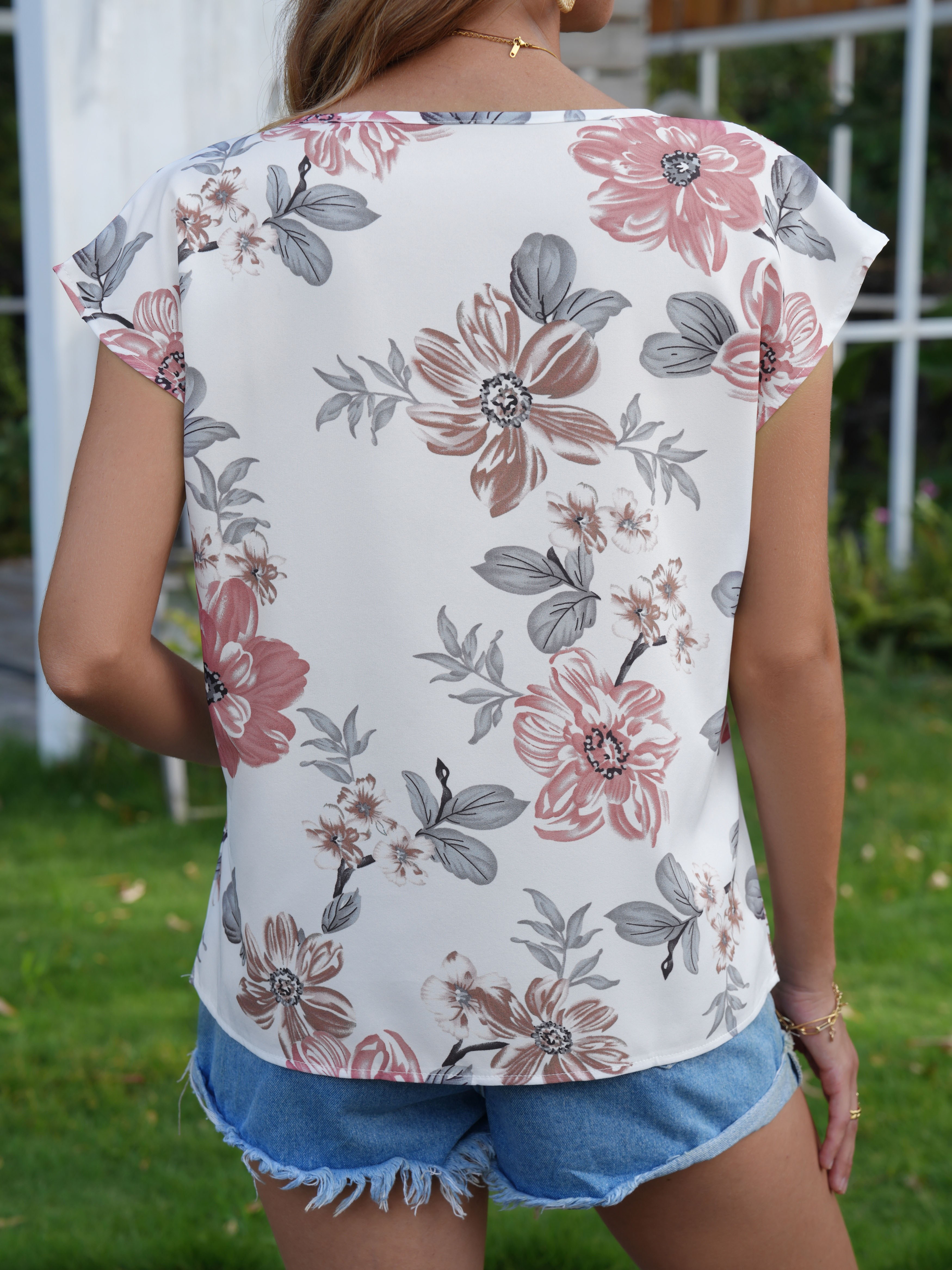 floral print crew neck blouse casual short sleeve blouse for spring summer womens clothing