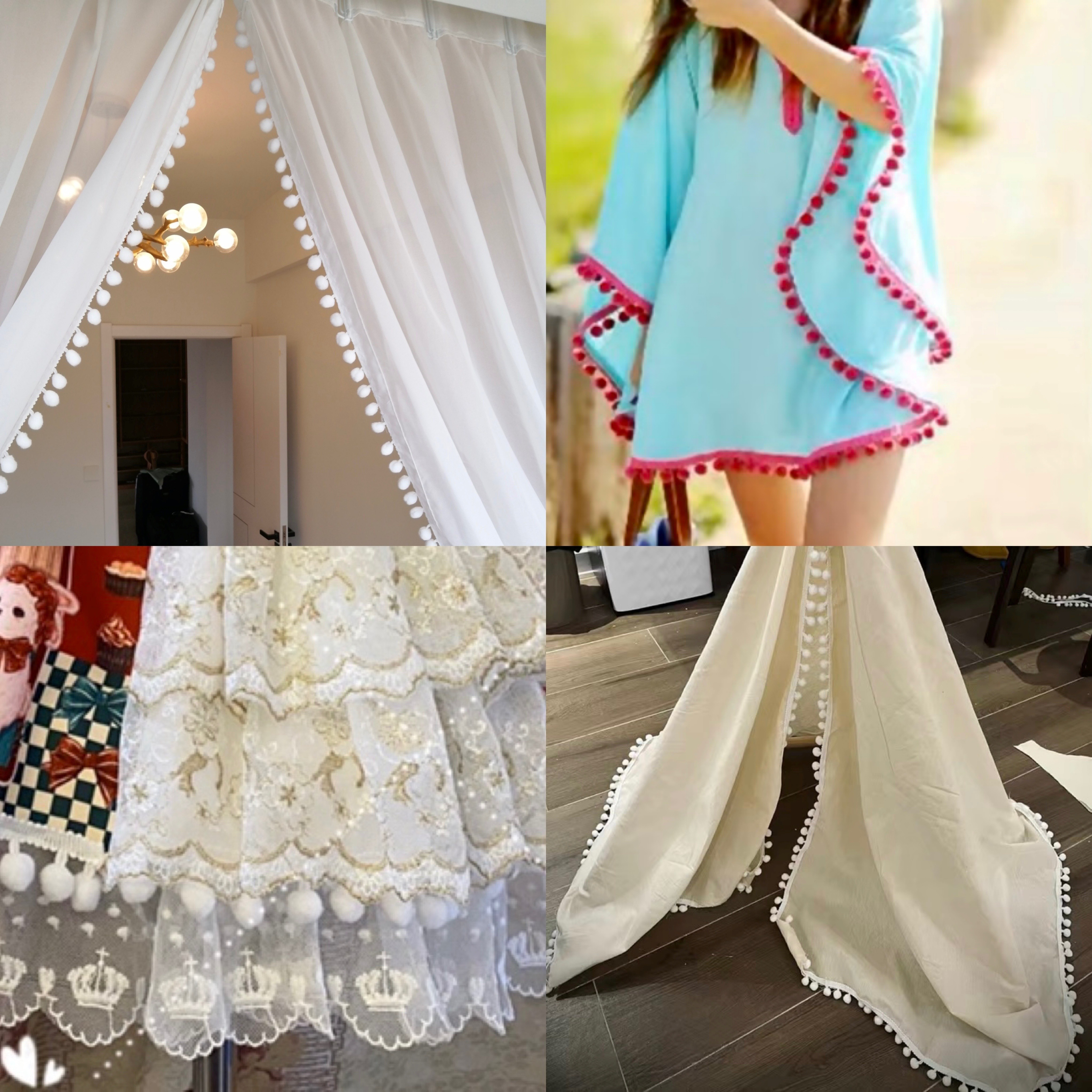 1 Set Ball Fringe Pom Pom Trim Ribbon Dress Stage Garment Curtain DIY Decor  