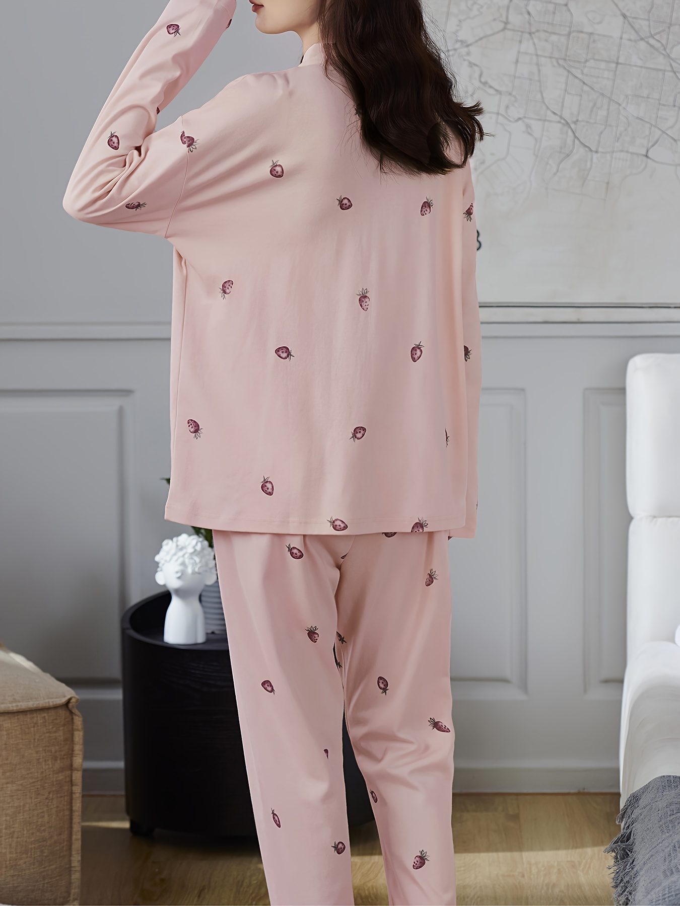 Strawberry Print Pajama Set, Long Sleeve Buttons Top & Elastic Waistband  Pants, Women's Sleepwear & Loungewear