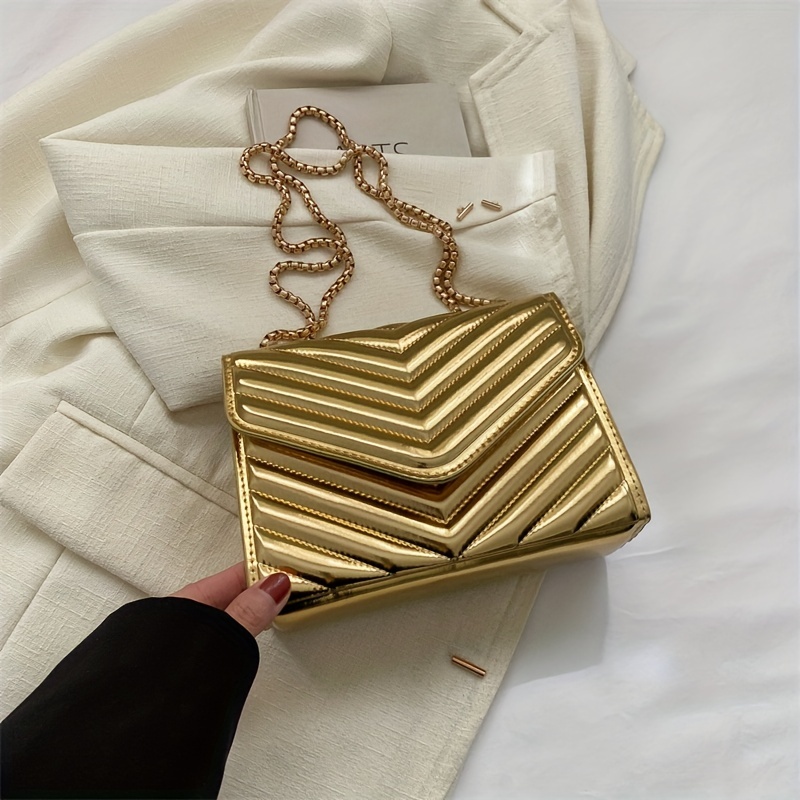 Gold Metallic Quilted Chain Cross Body Bag