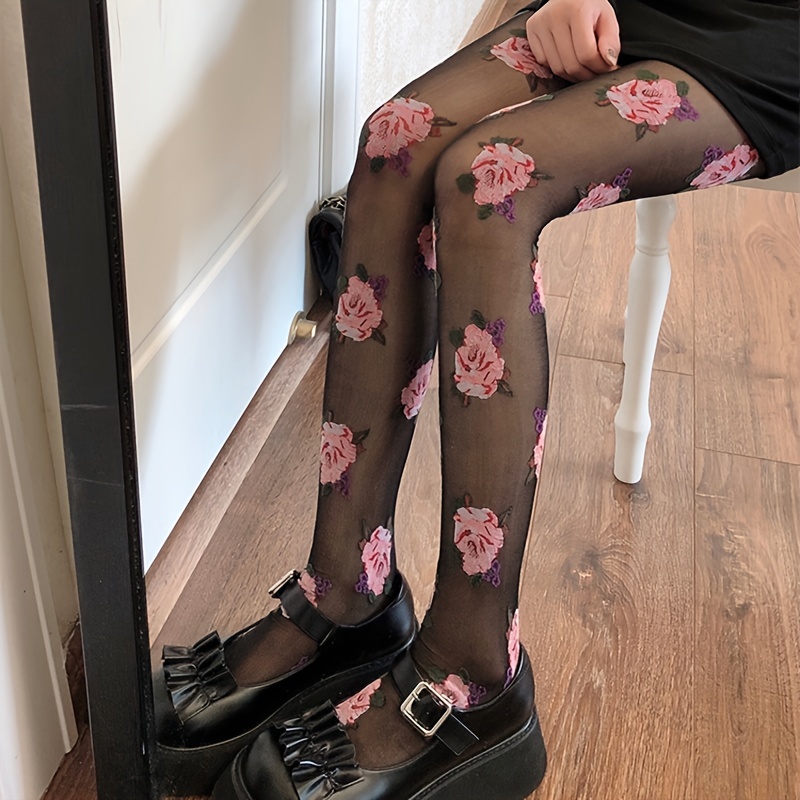 Women Rose Pattern Sexy Long Socks Pantyhose Stocking Tights