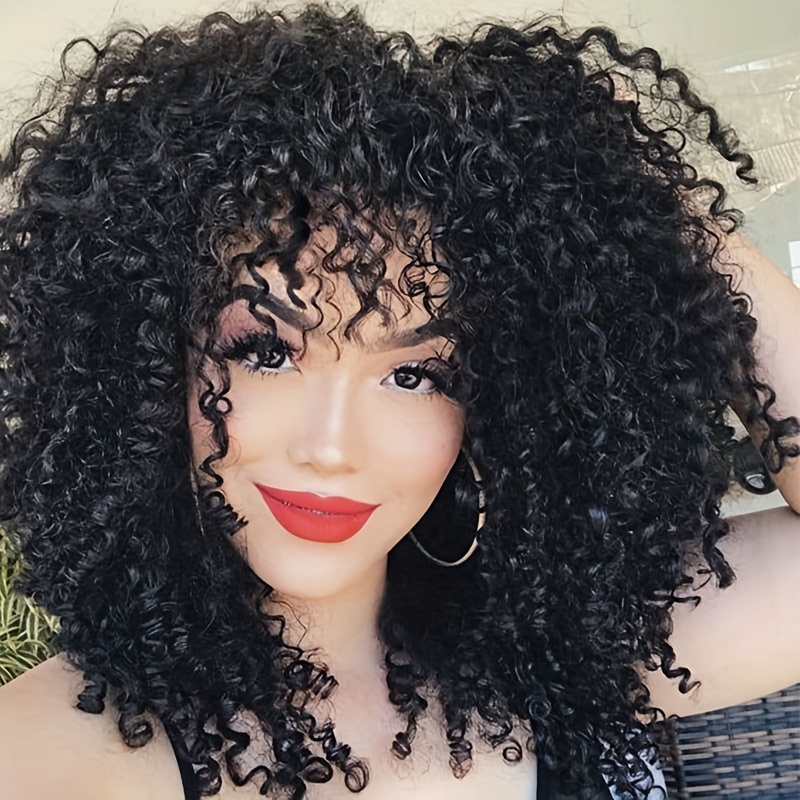 Kinky Curly Human Hair Wig, 250 Density with Bangs