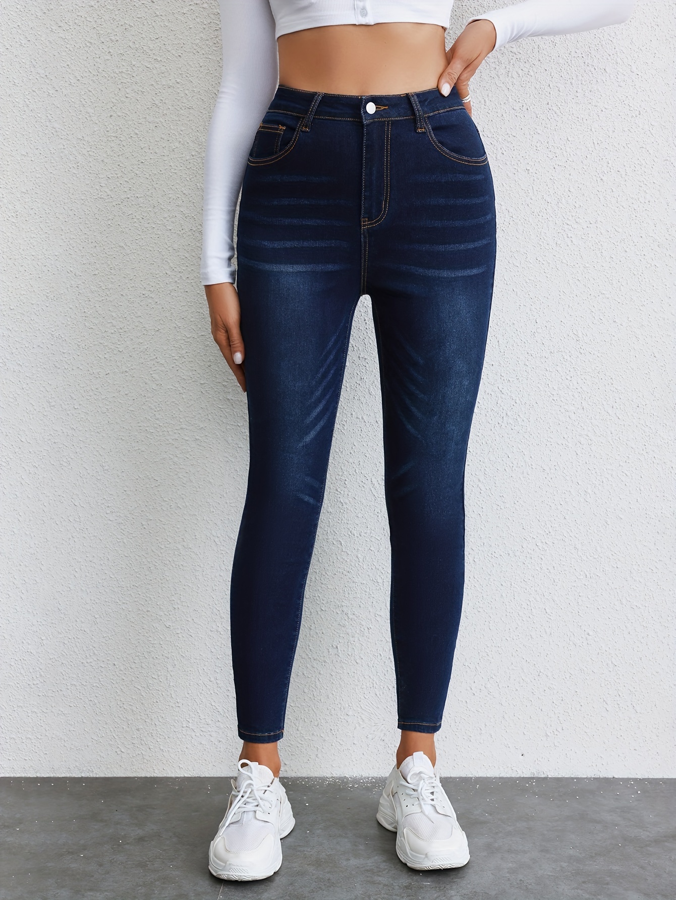 Whiskering Skinny Denim Pants High Strech Medium - Temu Canada