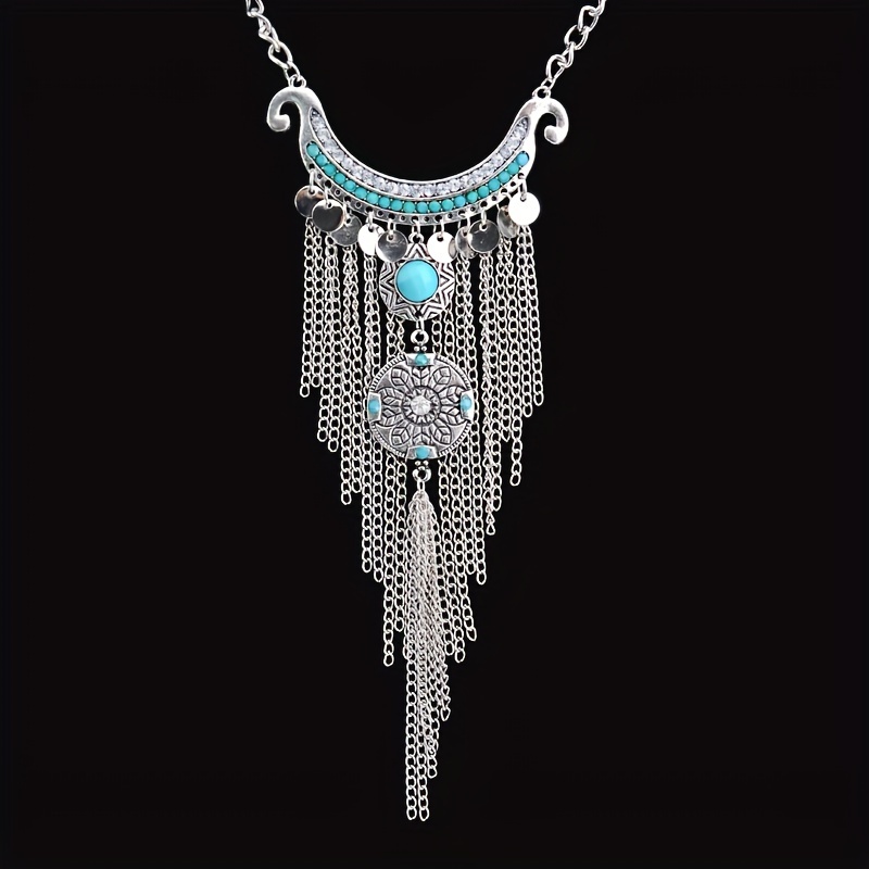 

Bohemian National Style Vintage Long Necklace Inlaid Turquoise Multilayer Long Tassel Necklace