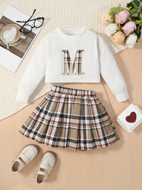 Toddler Girls Letter M Embroidery Pullover & Plaid Pleated Skirt 2pcs Casual Kids Clothes Spring Fall