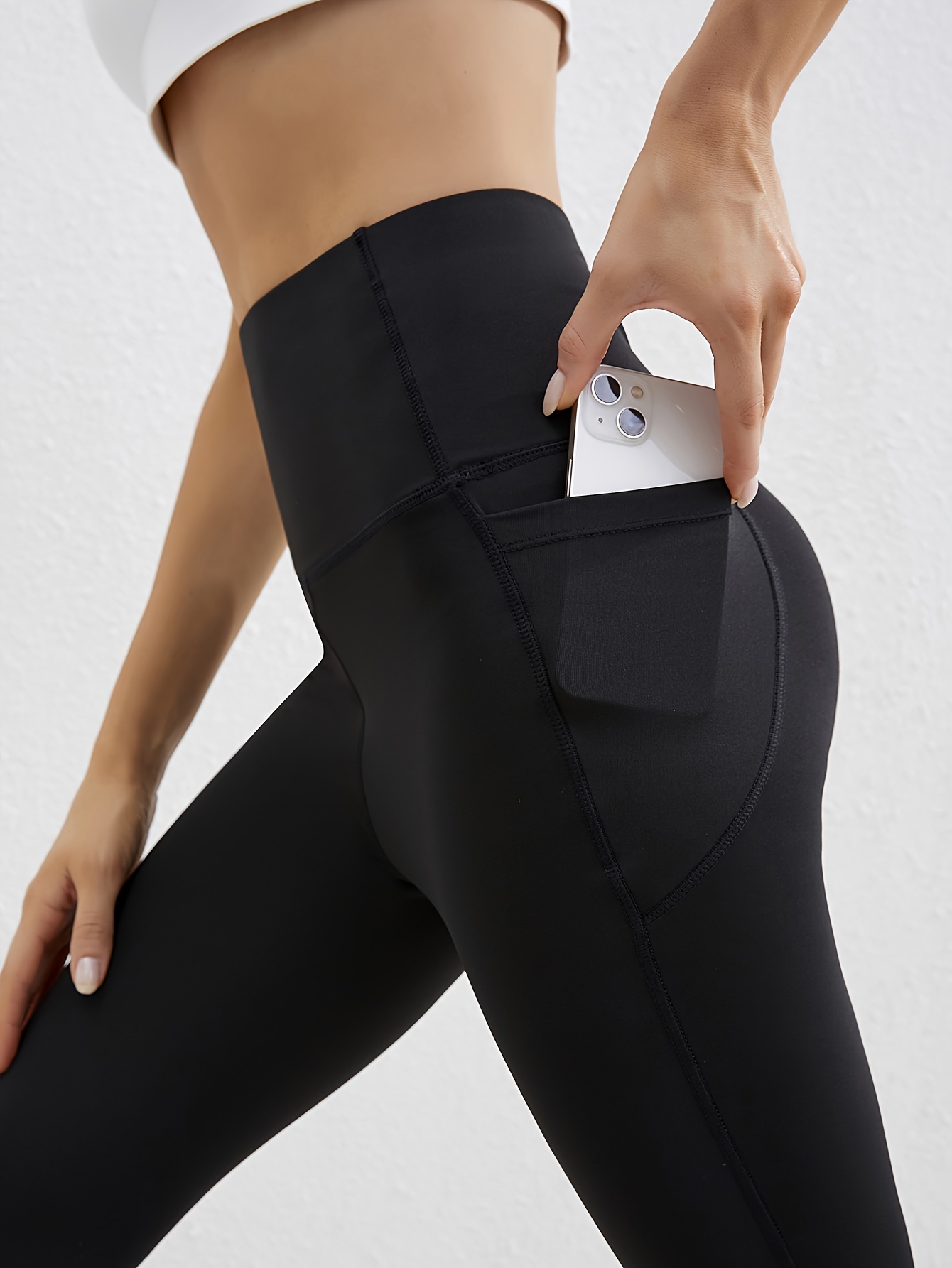 Solid High Waist Yoga Pants Pocket Quick Drying Butt Lifting - Temu Canada
