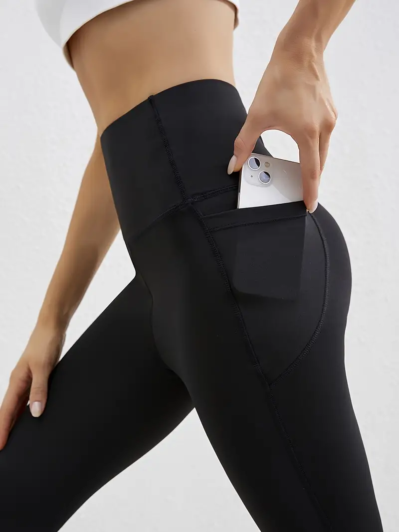 Solid High Waist Yoga Pants With Pocket, Quick Drying Butt Lifting Yoga  Leggings, Women's Activewear