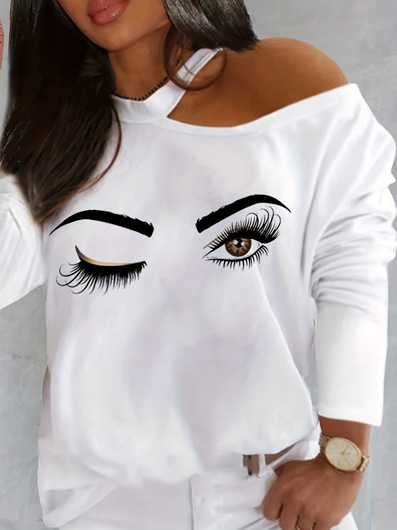 Plus Size Casual T shirt Women's Plus Eyes Print Cut One - Temu Canada