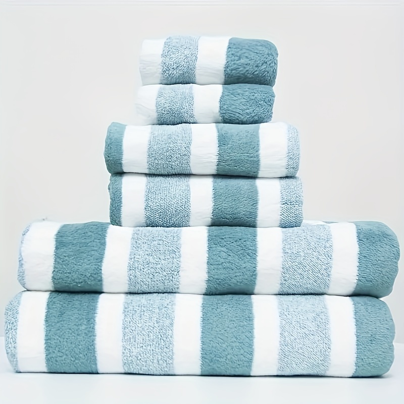 

6pcs Striped Pattern Towel Set, Household Coral Fleece Towel, Soft Face Towel Bath Towel, Absorbent Towels For Bathroom, Bath Towel & Hand Towel & Washcloth, Bathroom Supplies