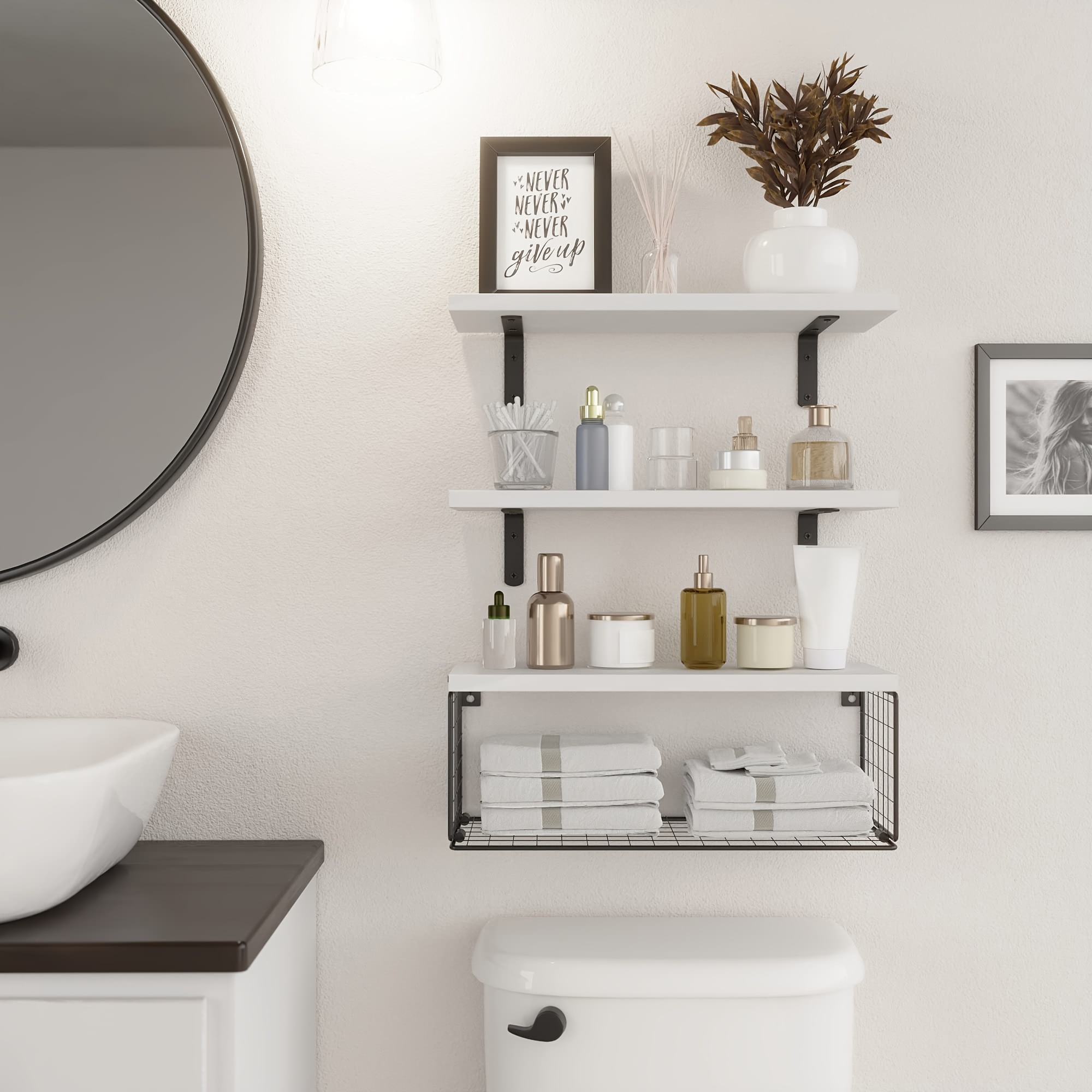1 set de estantes de baño para colocar sobre el inodoro, estantes de baño  blancos, Estantes flotantes para montar en la pared y con canastillo de alam