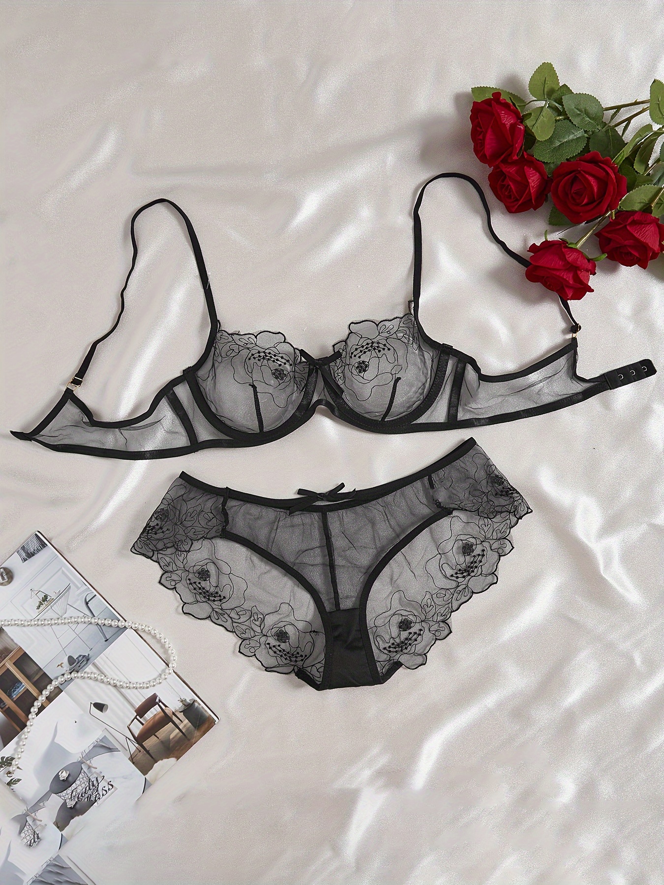 Floral Mesh Trim Lingerie Set - Sexy Sheer Bra and Panty for Women,  Seductive Underwear with Skimpy Design