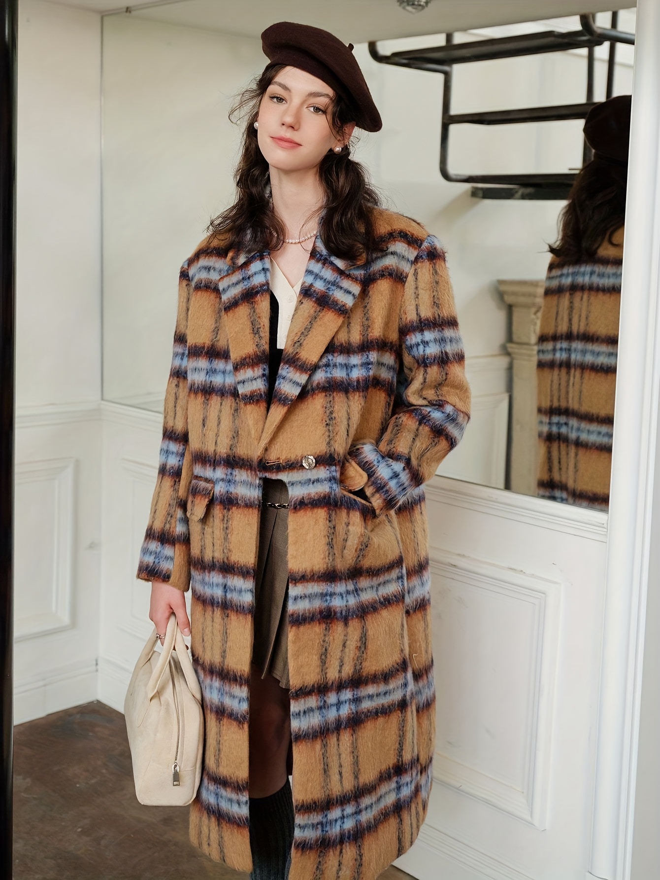 abrigo largo cuadros chic mujer lavable máquina moda Temu Peru