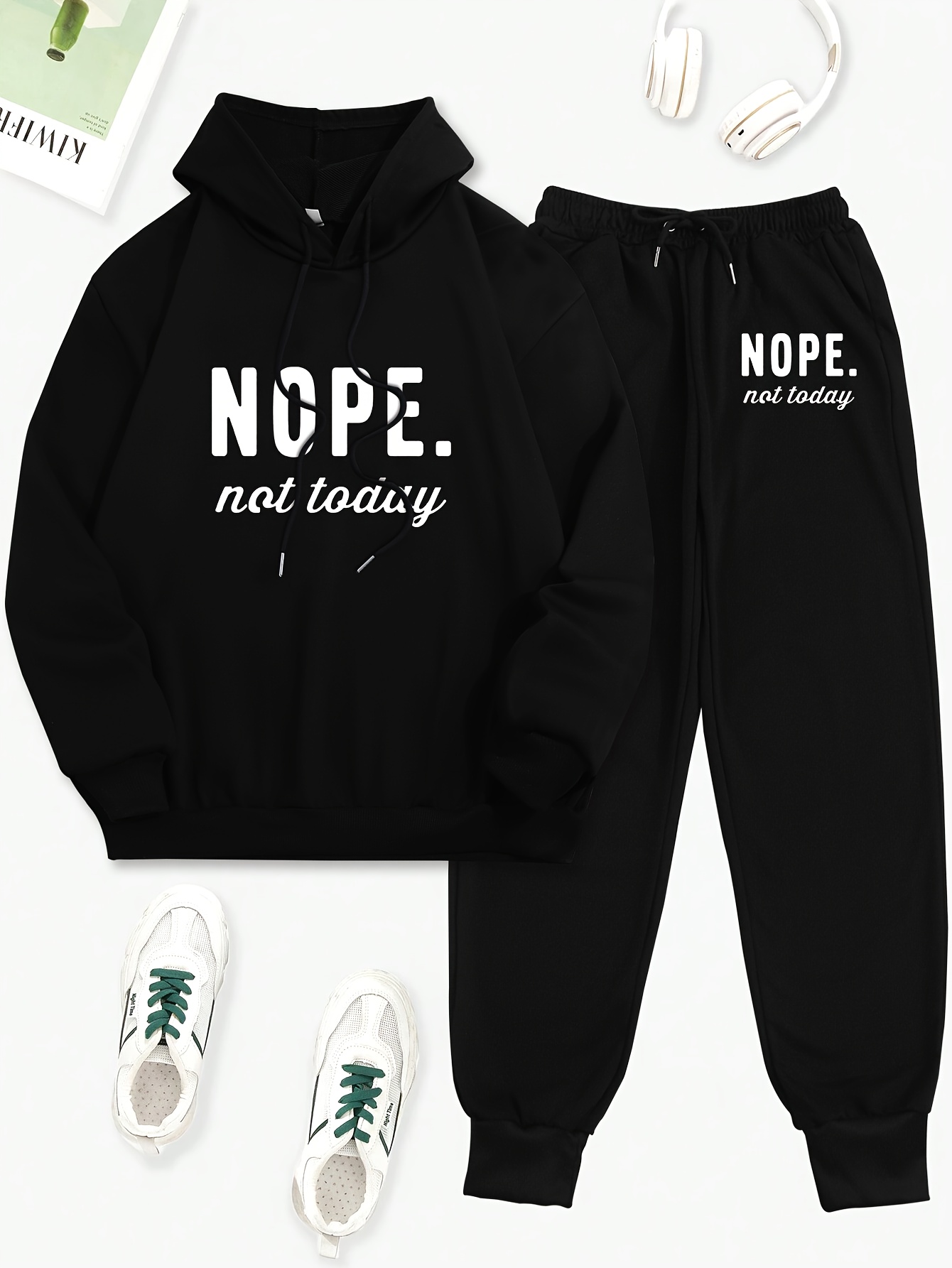 Solid Two-piece Set, Letter Print Drawstring Long Sleeve Hoodie & Pants  Outfits, Women's Clothing