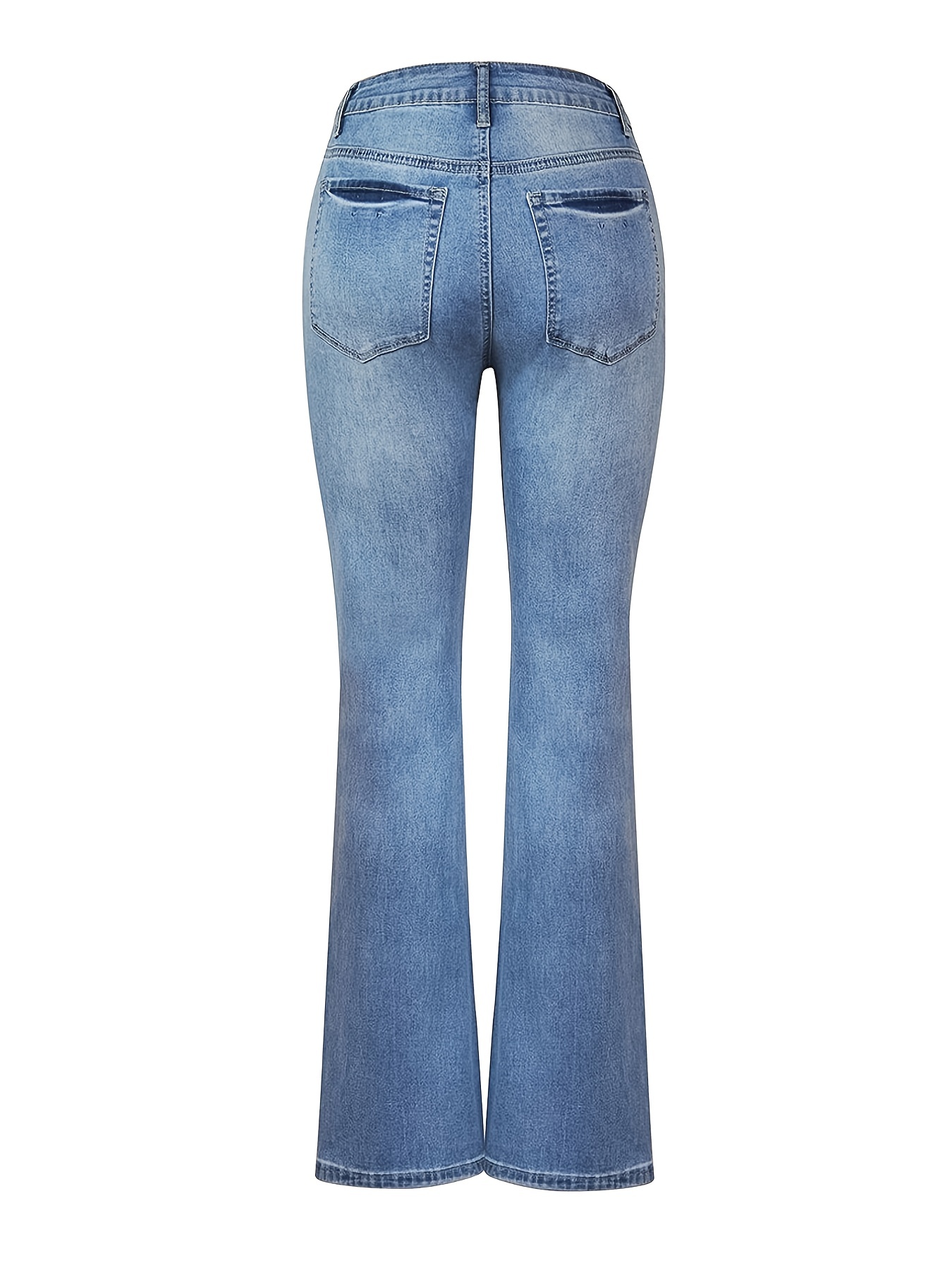 Embossed Crotch Button Bell Bottom Jeans, Stretchy Slim Fitting Slash ...