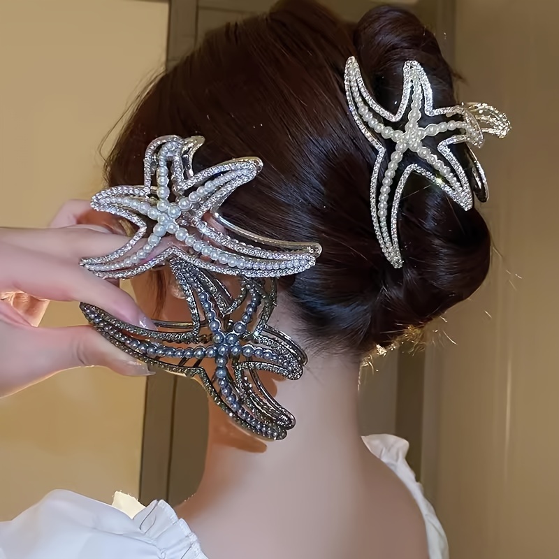 

Metal Hair Claw Clip Boho Starfish Hair Jaw Clip Shiny Rhinestone Hair Barrette Strong Hold Imitation Pearl Hair Clamp Fashion Hair Styling Accessories For Women