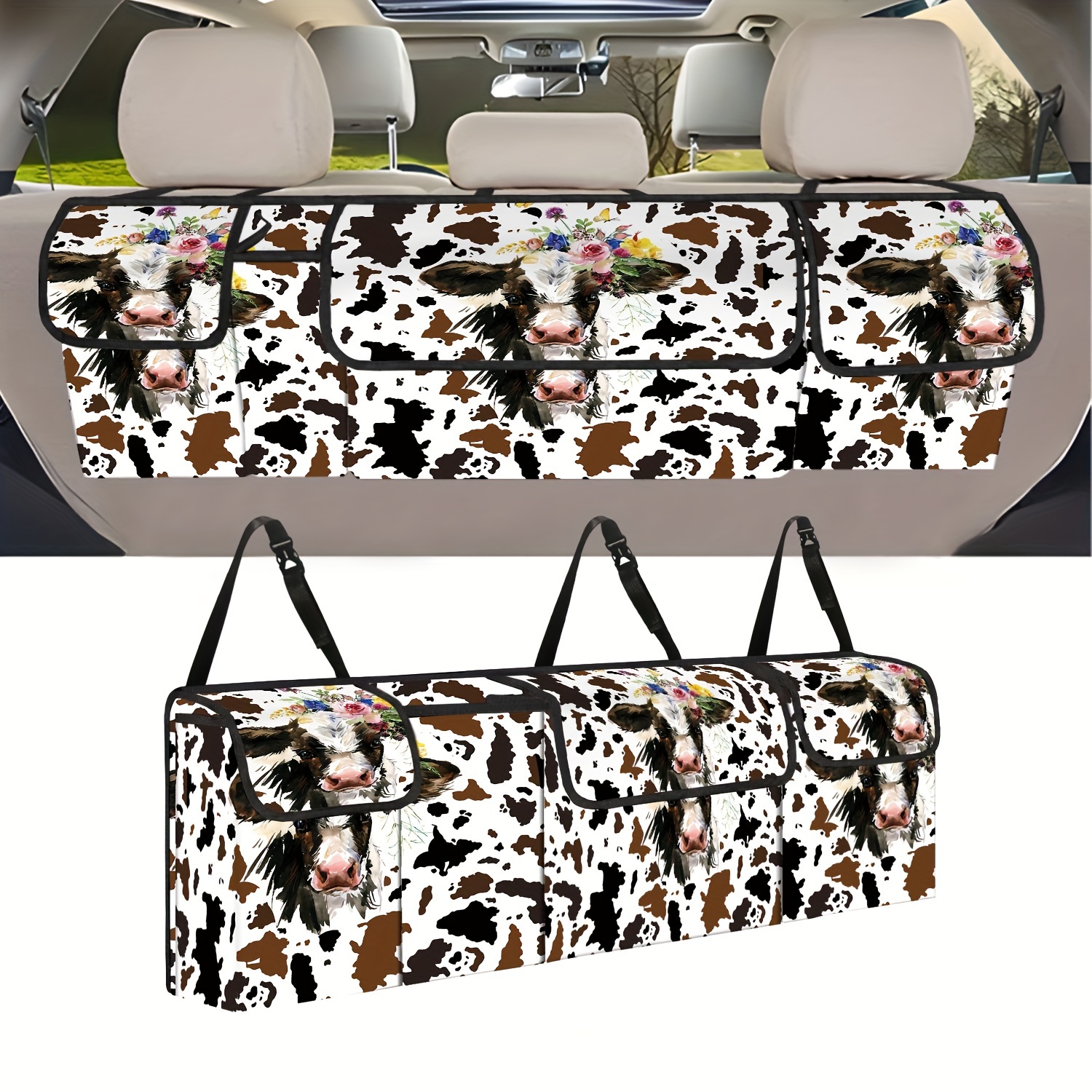 

1pc Cow Pattern Flower Printed Car Rear Seat Trunk Hanging Storage Bag, Foldable Storage Bag With 3 Large Pockets And 3 Adjustable Shoulder Straps