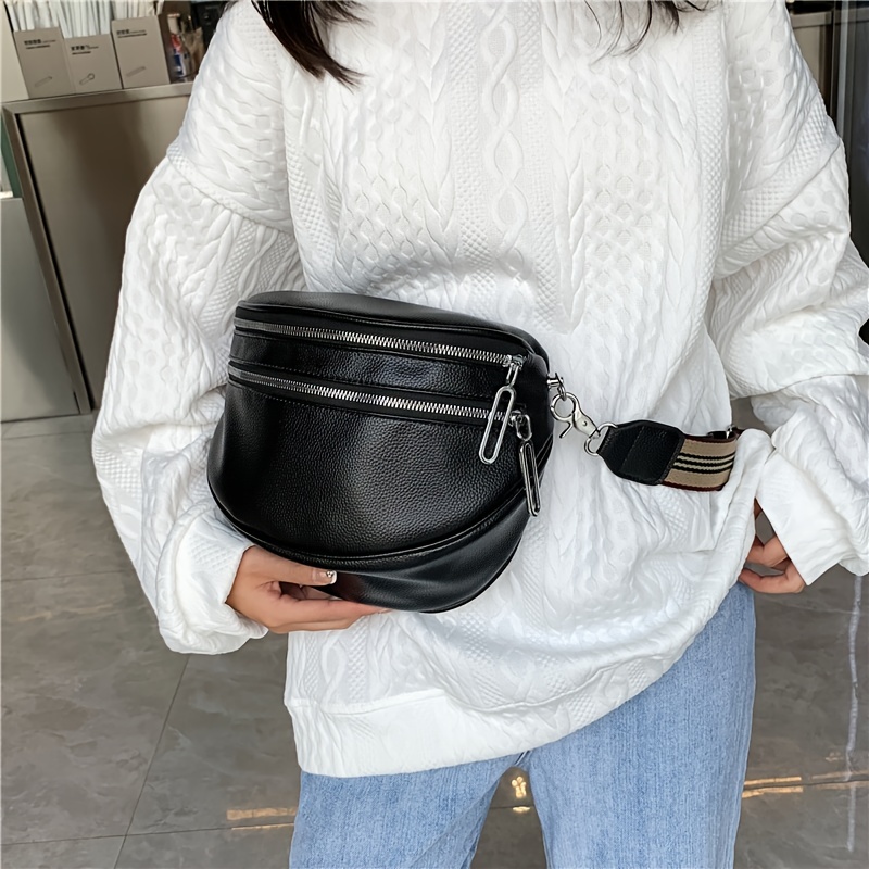 Fashion Double Zipper Fanny Pack, Women's Faux Leather Crossbody Bag With  Wide Strap - Temu