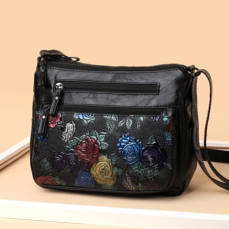 Gradient Color Floral Print Shoulder Bag, Zipper Adjustable Wide Strap  Crossbody Bag, Faux Leather Ombre Barrel Bag - Temu Japan