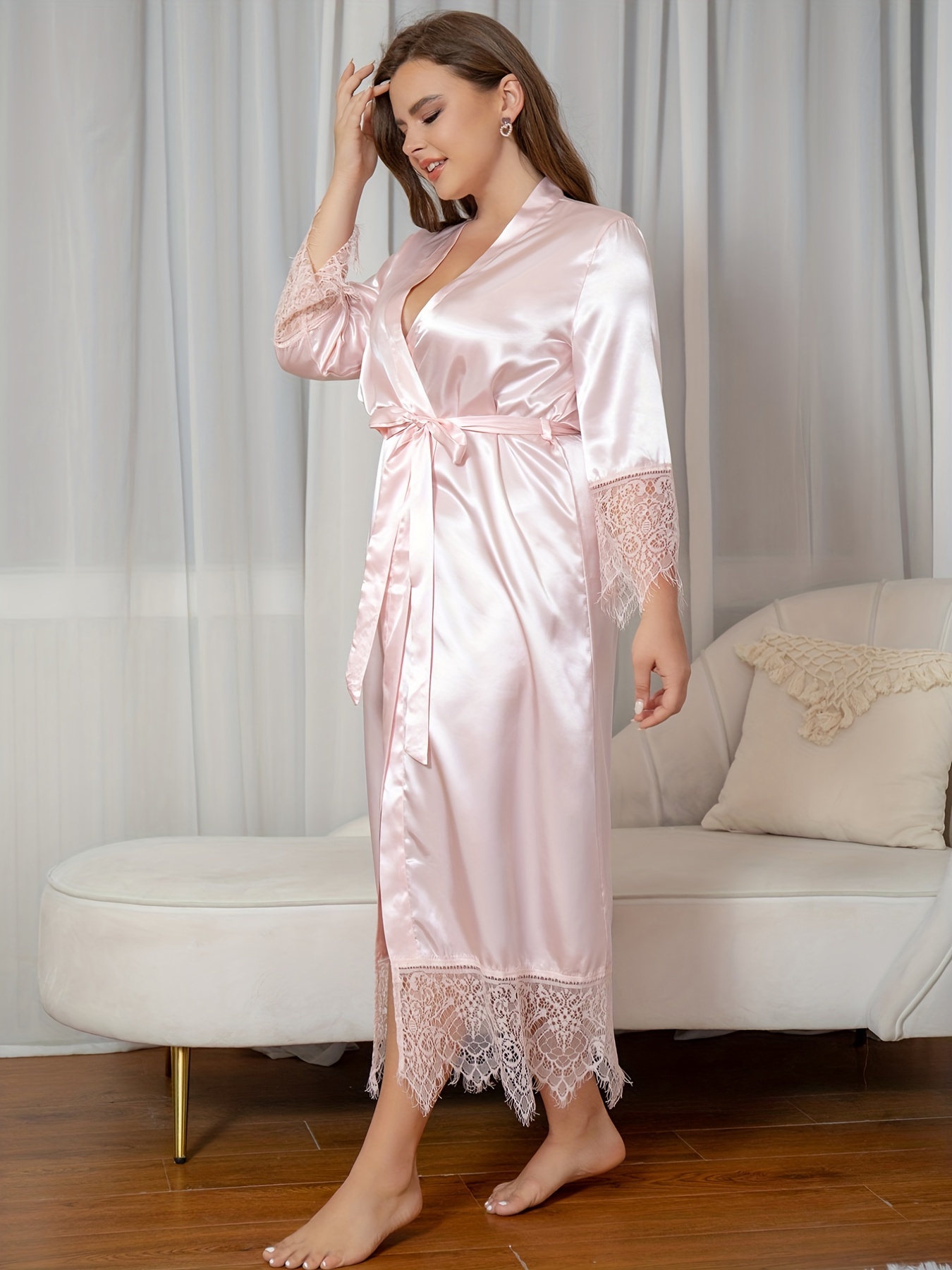 Plus Size Satin Contrast Lace Nightgowns, Women's Plus Slight Stretch  Elegant Sleepwear Robes