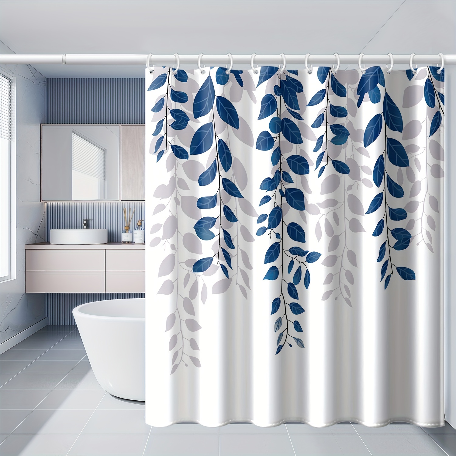 

1pc, Blue Leaves Inverted Pattern Shower Curtain, 180x180cm/71x71 Inch, Botanical Plant Design, Bathroom Window Decor With Plastic Hooks, Waterproof, Machine Washable, Suitable For Home & Hotel Rooms