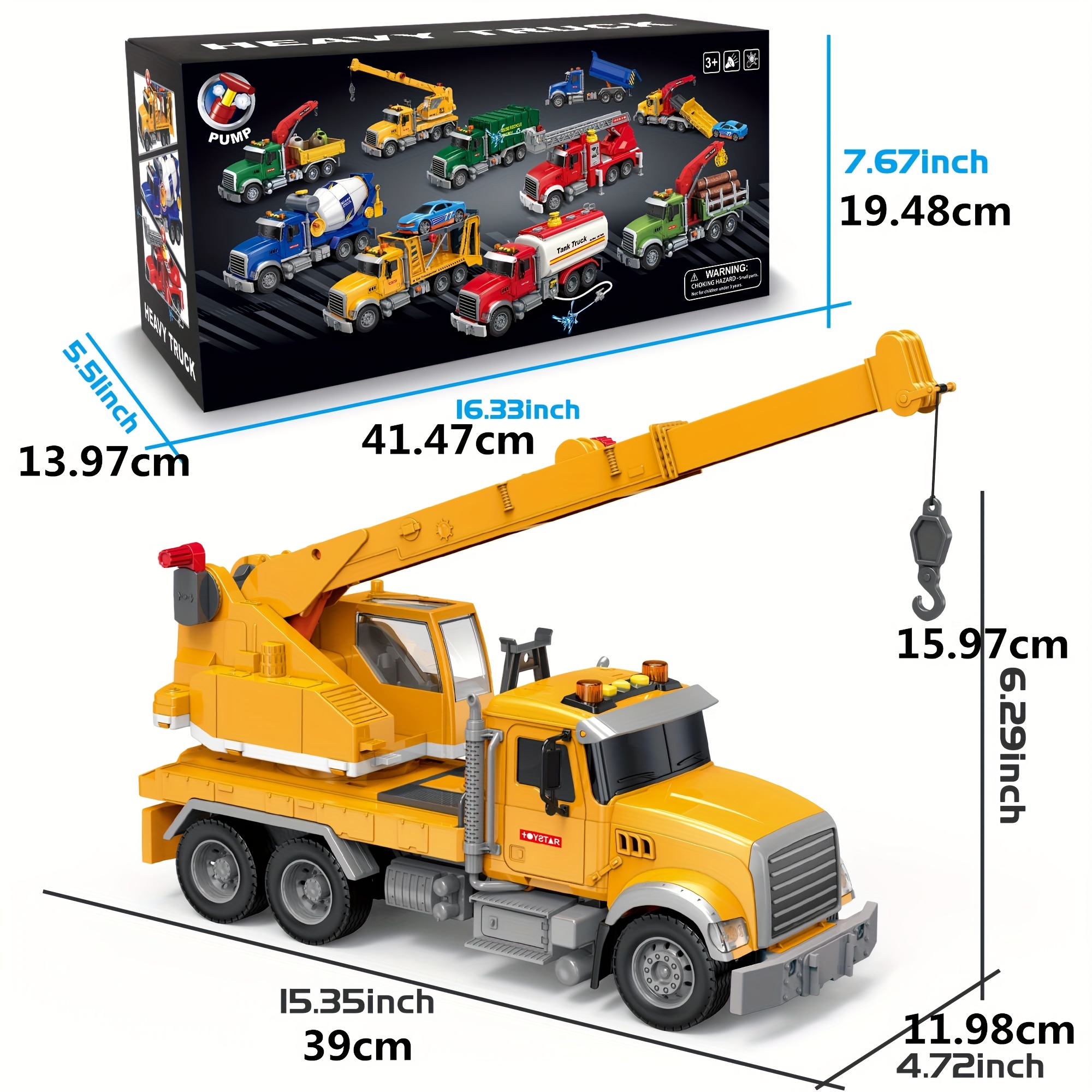 15 Inch Friction Powered Oversized Crane Truck Toy with Extendable Arm &  360° Swivel