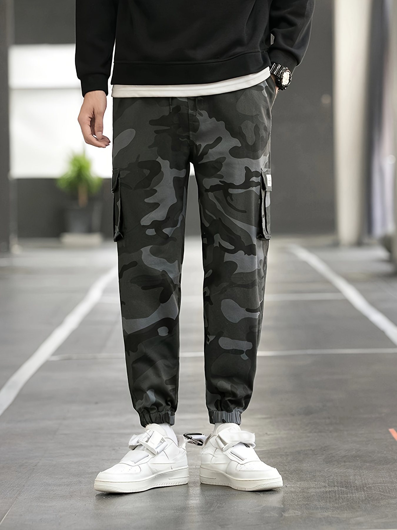 Trendy Solid Cotton Cargo Pants Men's Camo Multi Flap Pocket
