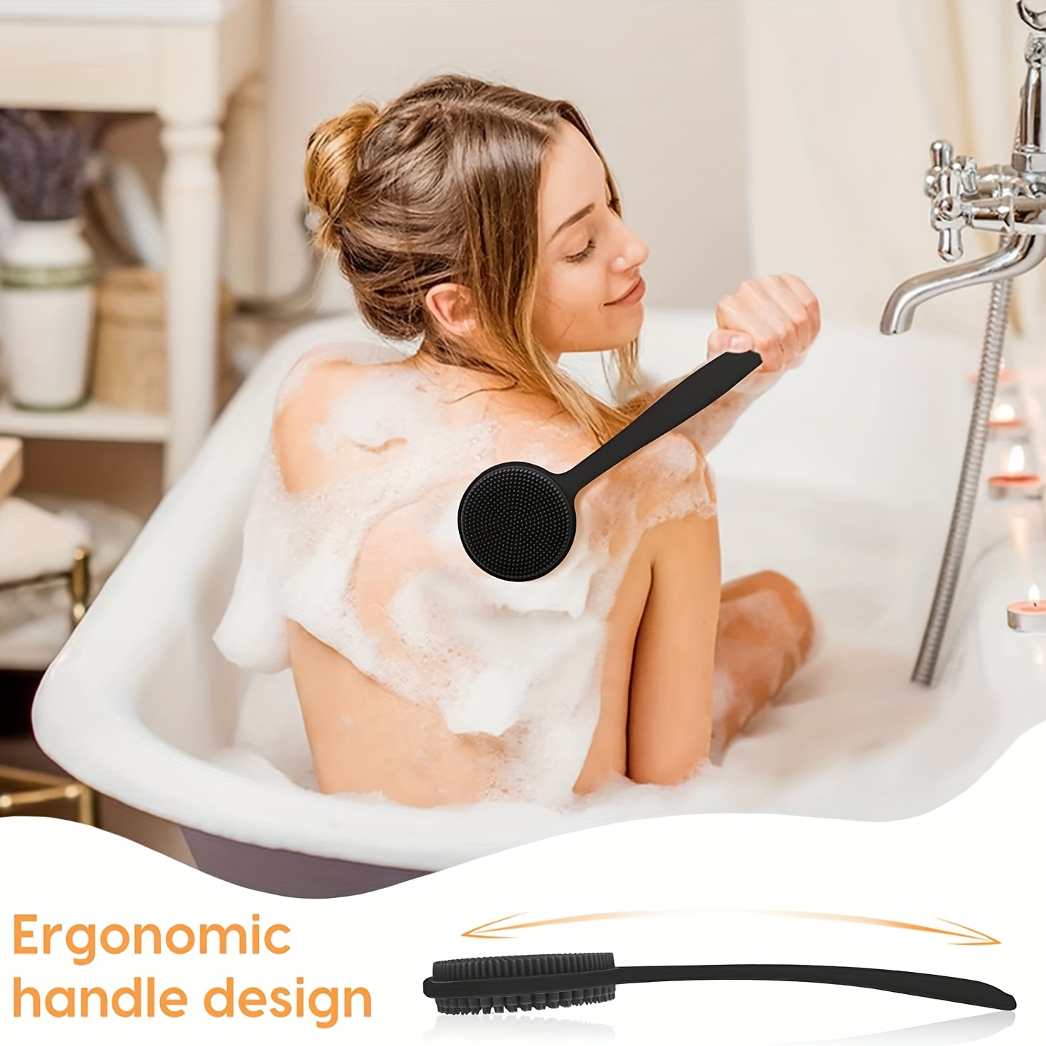Double Side Long Handle Shower Body Brush Deep Cleaning Ergonomic SPA  Washing Puff Washer for Bathroom Accessories Elderly Men/Women , White Hair