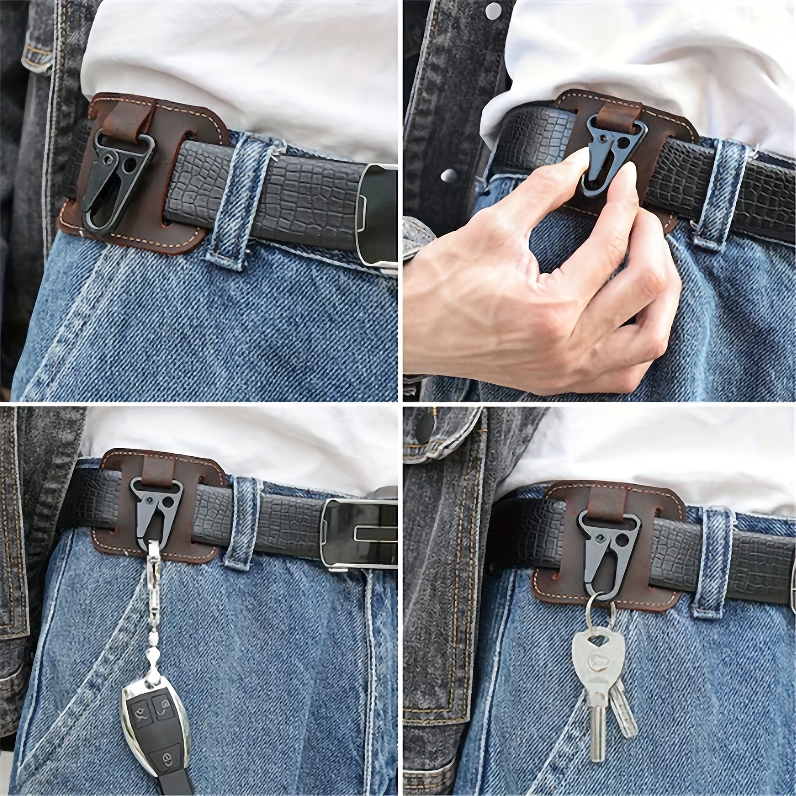 Thick Leather Belt Keychain with Eagle Mouth Hook for Men