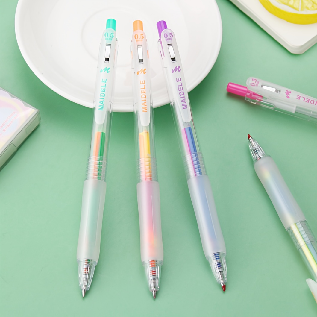 5pcs/set Macaron Black Press Colorful Ballpoint Pen, Cute Girls' School Pen