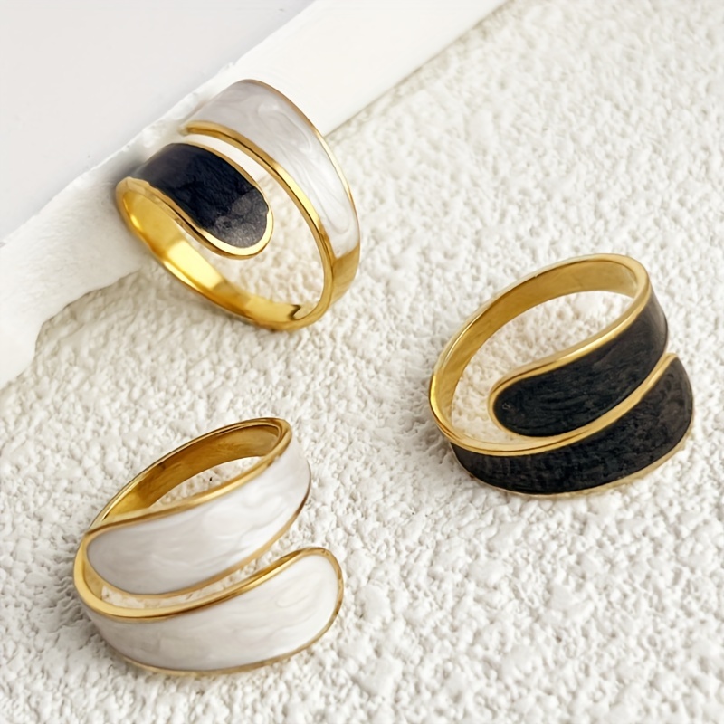 Anillos De Esmalte Negro Y Blanco nicos Y Modernos Anillos Abiertos De Acero Inoxidable Con Dise o Curvado Anillos Creativos Chapados En Oro De 18k