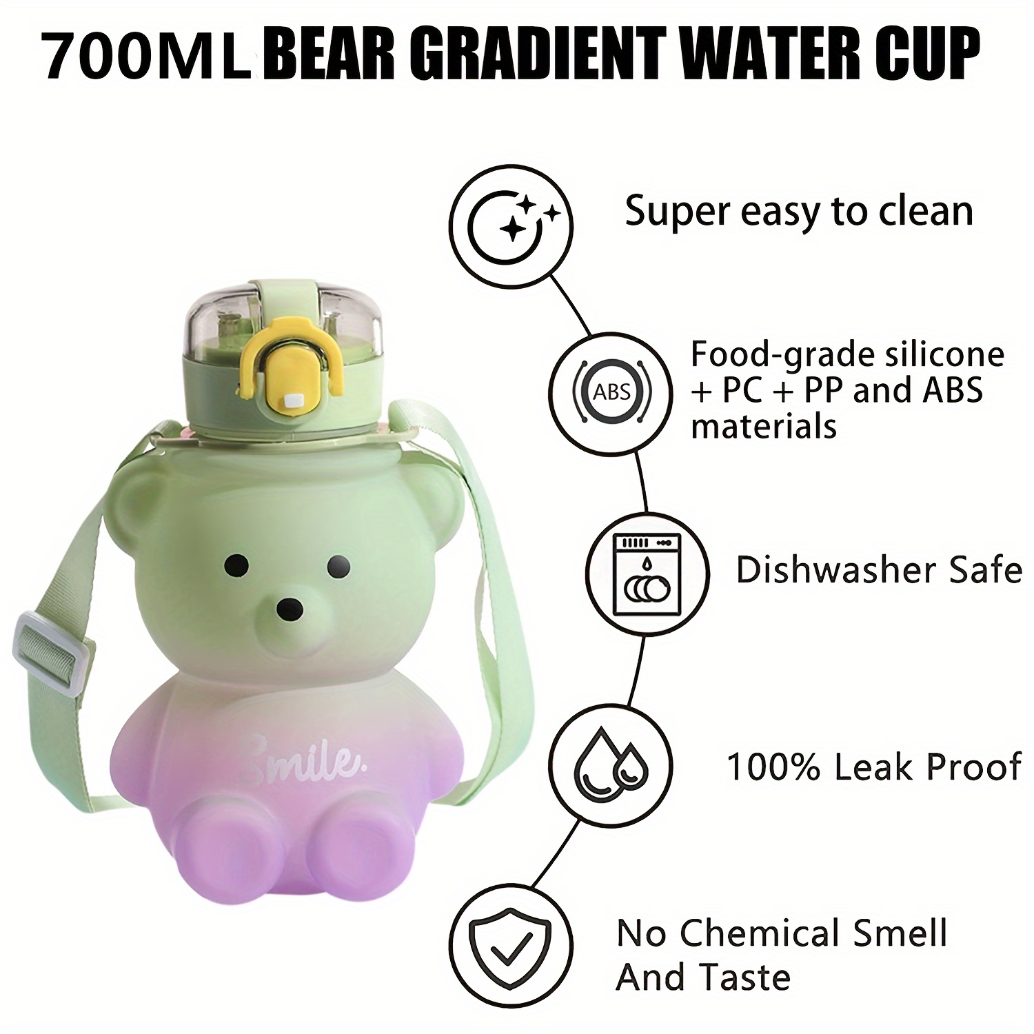 Kawaii Bear Straw Water Bottle With Shoulder Strap, Leak-proof