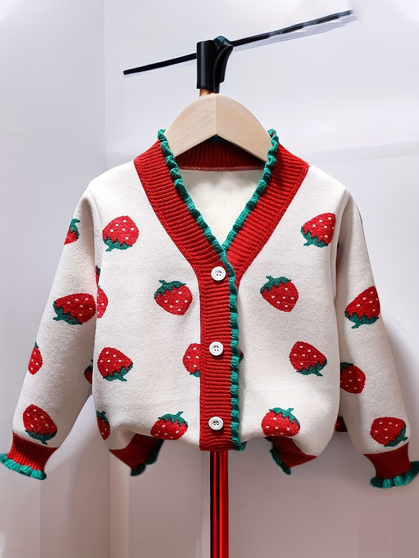 Lady Single Breasted V Neck Cardigan Top Long Sleeve Strawberry Knitted  Sweater