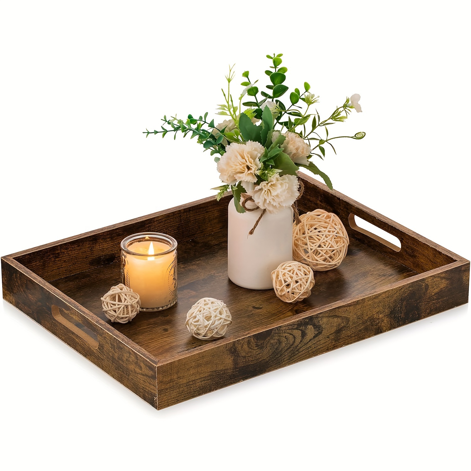 Round Wood Tray/w Wood Bead Garland - 13 Decorative Trays for Home Decor -  Round Wooden Tray with Handles - Wooden Round Tray for Kitchen Counter.
