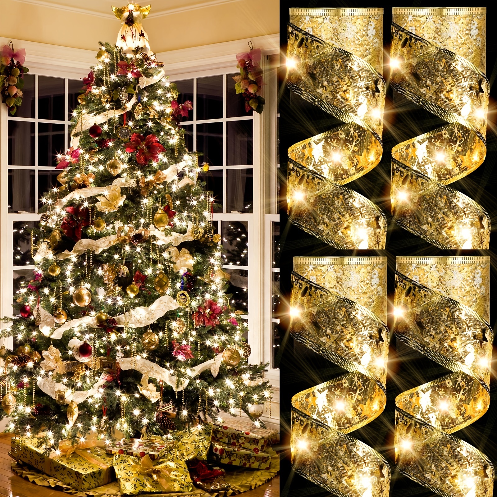 

1pc 39ft Christmas Ribbon Fairy Lights, Golden Christmas Lights, Lit Ribbon Garland Christmas Tree Golden Wreath Christmas Decoration Light, Indoor Outdoor Party Decorations, Warm White