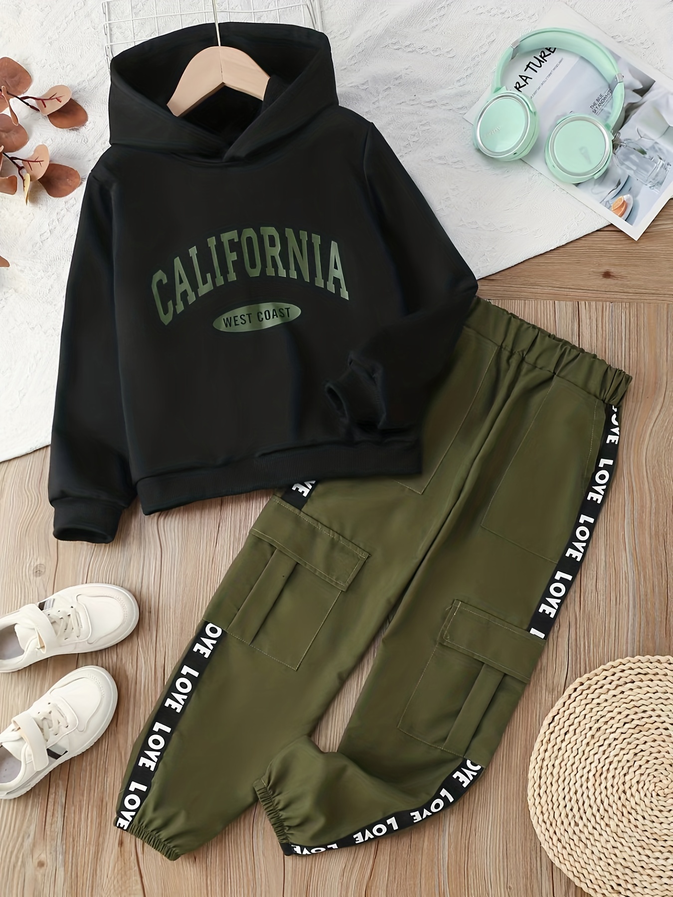 Girl's California Print Outfit Hoodie Trendy Cargo Pants Set - Temu New  Zealand