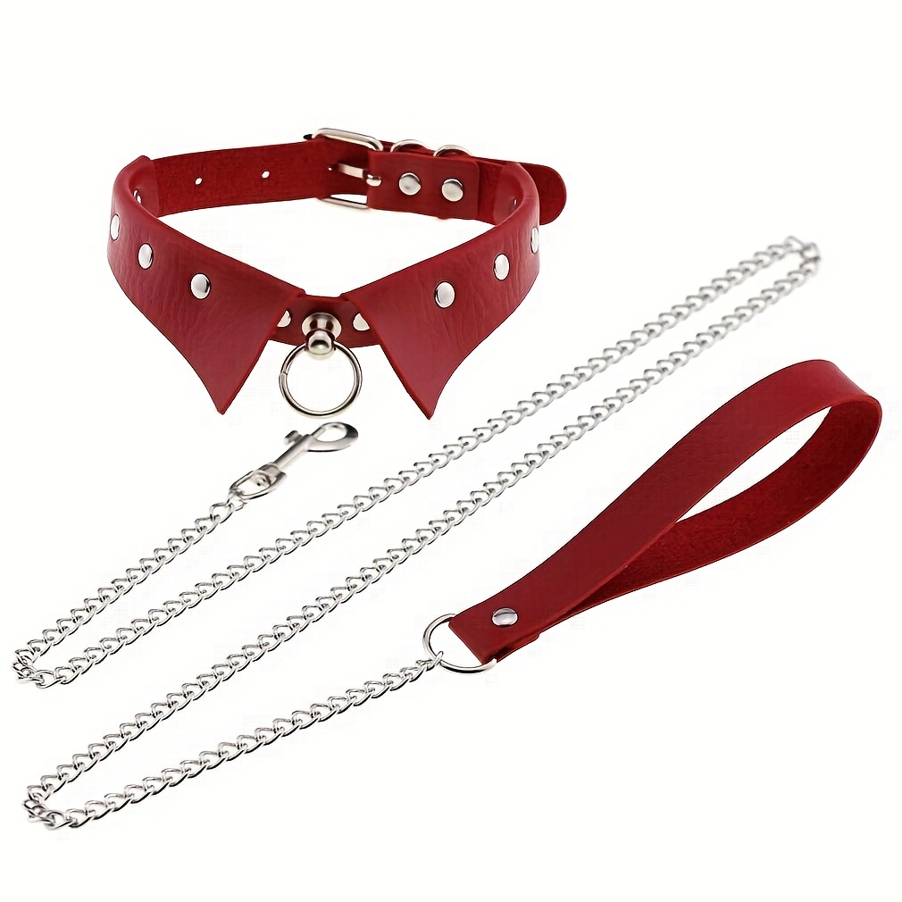 Ensemble BDSM Collier, laisse, bracelets cuir marron façon croco