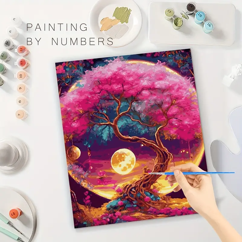 Paint Numbers Adults Beginner Tree Moon Paint Number Kits - Temu