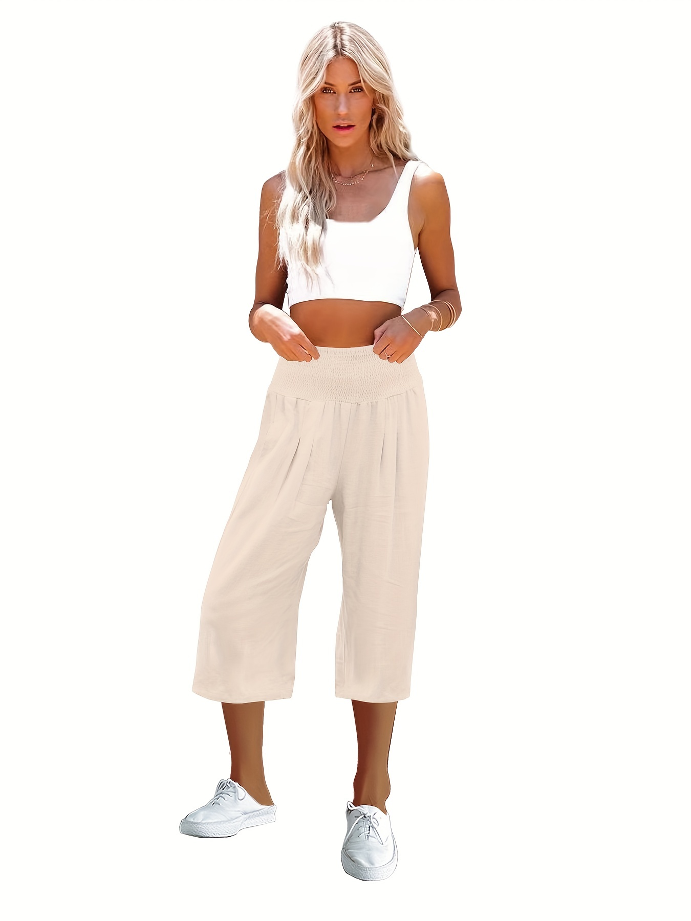 Solid Shirred Wide Leg Capris Pants Casual Loose Pants - Temu