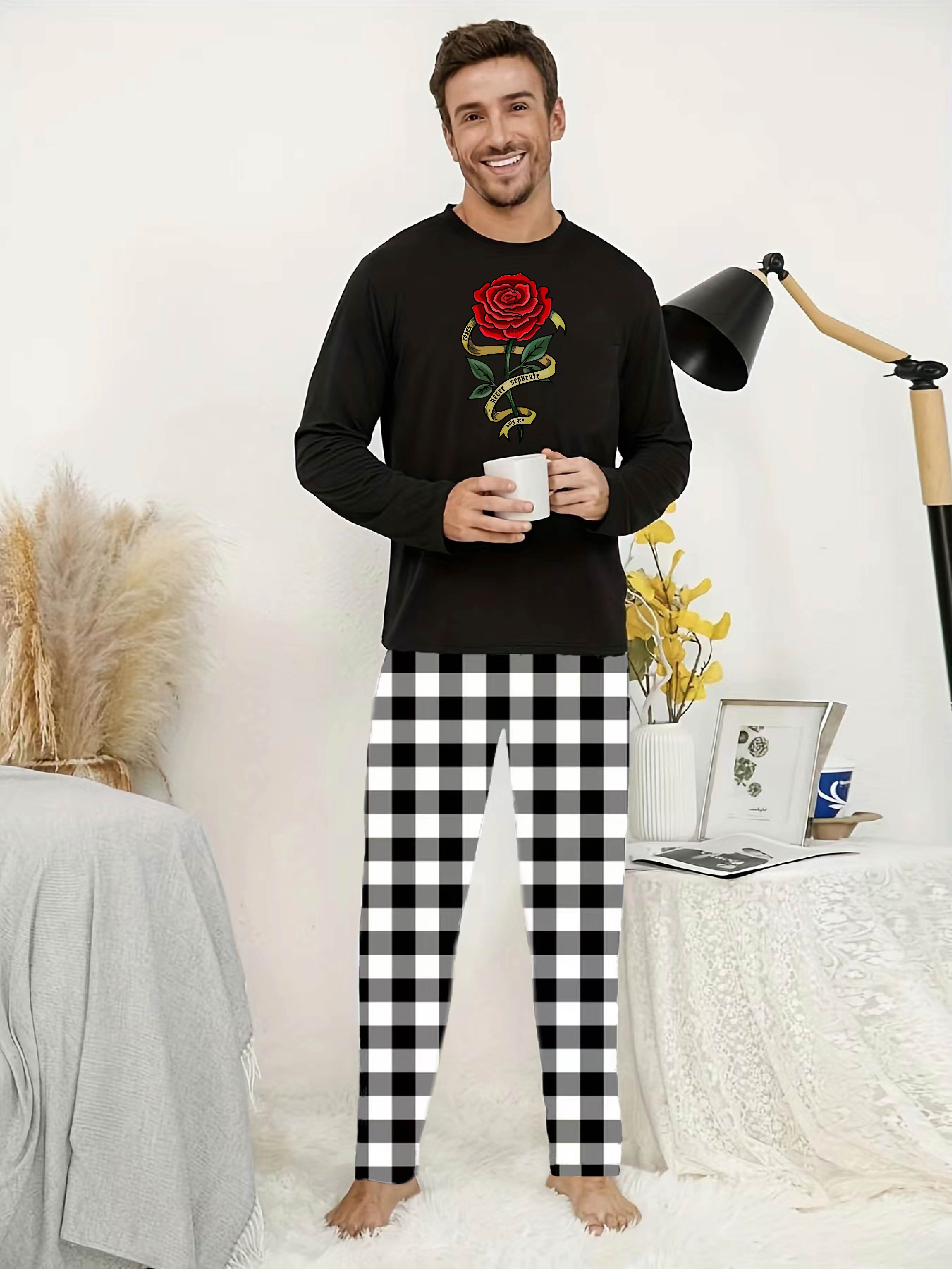 Men's Rose Print Long Sleeve Button Shirt & Pants Pajamas Set