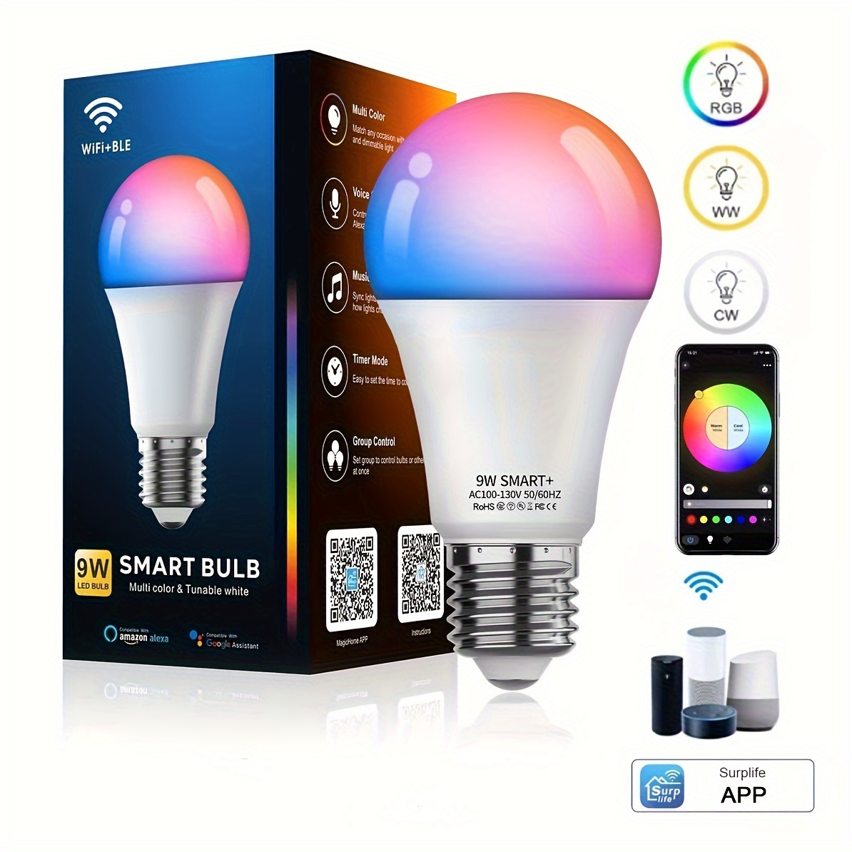 GU10 Smart Spot Light Bulbs, WiFi & Bluetooth, Work with Alexa, Pack of 4
