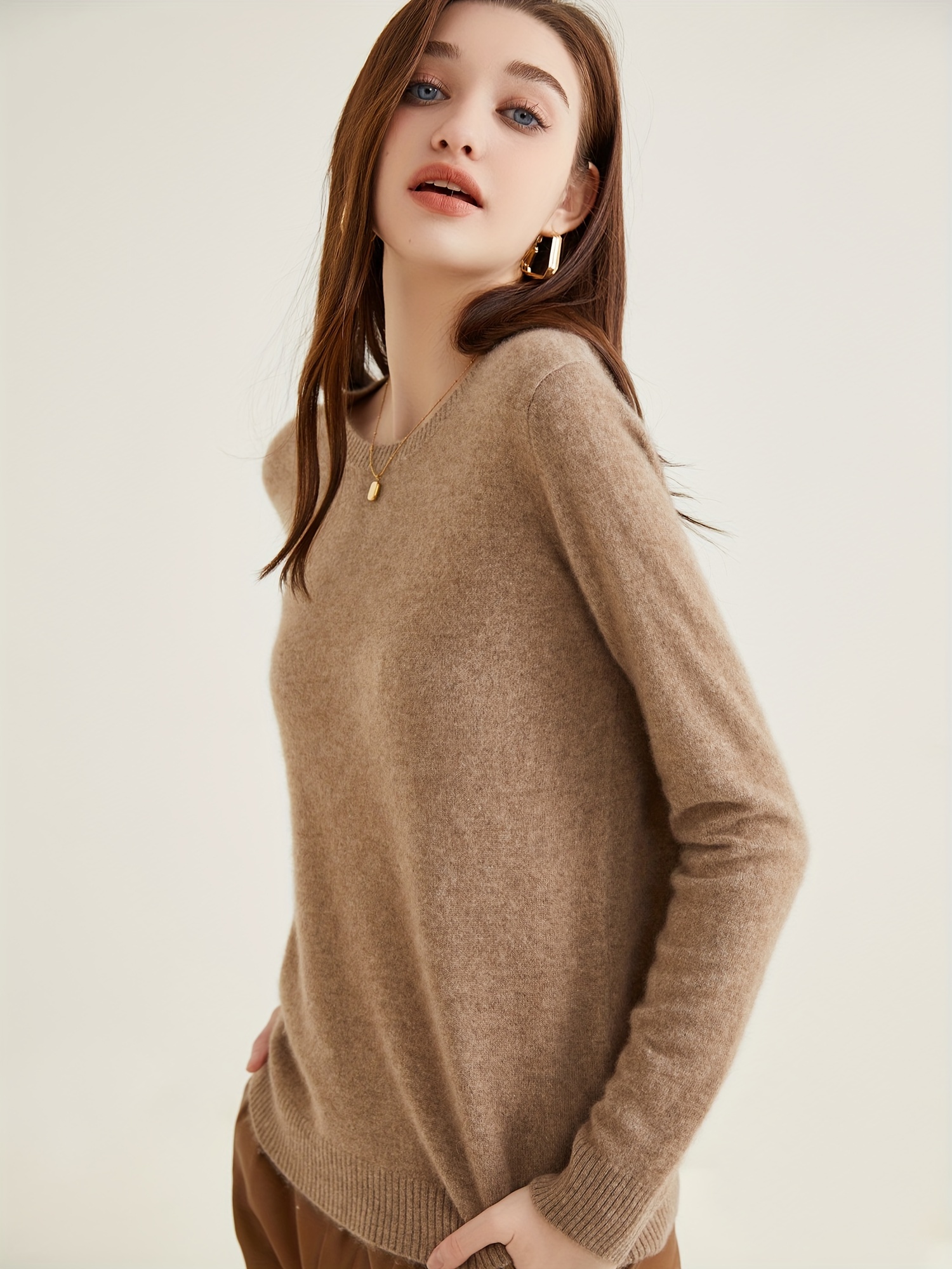 100 cashmere sweater casual long sleeve crew neck sweater womens clothing camel 2