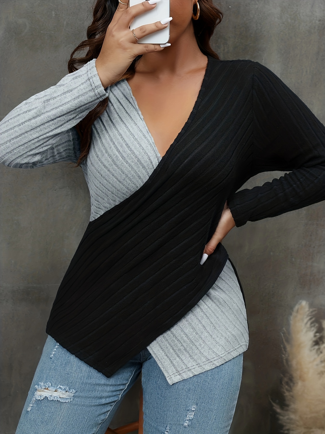 plus size casual sweater womens plus colorblock cross v neck long sleeve medium stretch jumper details 30
