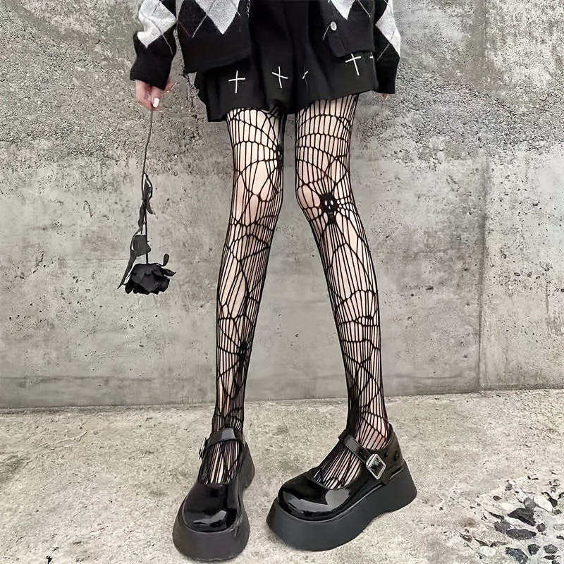 Skull Pattern Fishnet Tights Stockings For Women Thigh High - Temu Canada