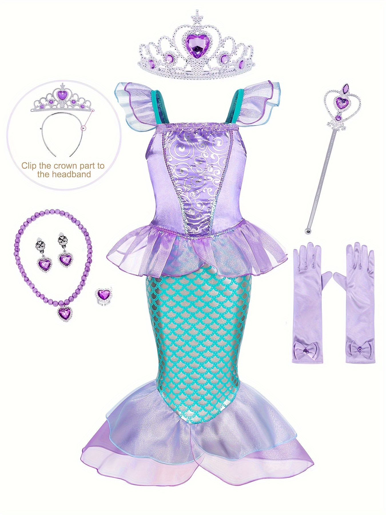 Disfraz de princesa sirena para niña; incluye peluca roja de sirena,  corona, varita mágica y guantes
